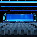 Large Conference Hall Interior With Blue Lighting Stage Big Screen And Arranged Seats