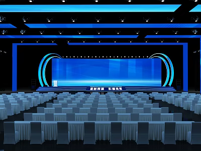 Large Conference Hall Interior With Blue Lighting Stage Big Screen And Arranged Seats 3d model