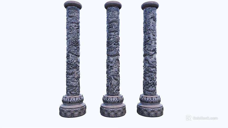 Traditional Stone Columns With Intricate Dragon Carvings And Ornate Base Designs 3d model 