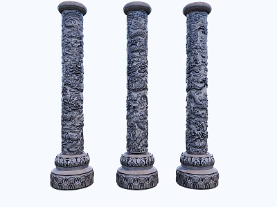Traditional Stone Columns With Intricate Dragon Carvings And Ornate Base Designs 3d model