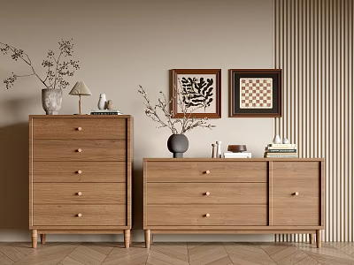 Elegant Wooden Entryway Cabinet And Side Cabinet With Vase Lamp And Decorative Paintings 3d model