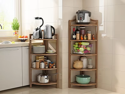 Practical Wooden Shelving Units In Kitchen Interior With Rice Cooker Bottles Fruits And Cookware 3d model