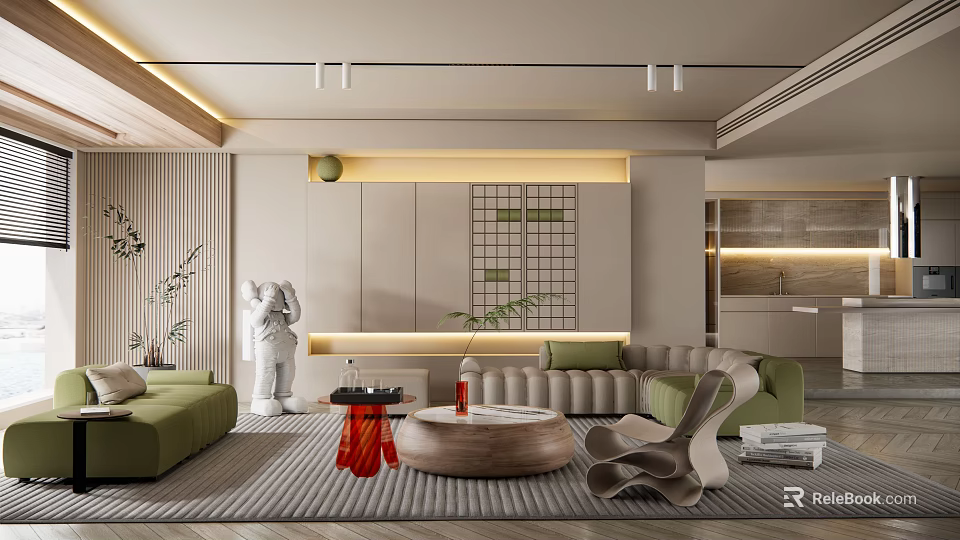 Modern Minimalist Living Room Design with Green Sofa Round Coffee Table White Sculpture Geometric Wall Plants 3d model 