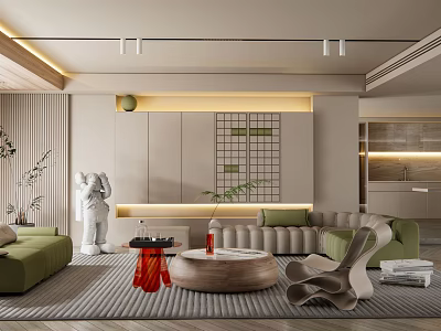Modern Minimalist Living Room Design with Green Sofa Round Coffee Table White Sculpture Geometric Wall Plants 3d model