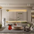 Modern Minimalist Living Room Design with Green Sofa Round Coffee Table White Sculpture Geometric Wall Plants