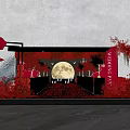Wedding Banquet Hall With Red Floral Decorations Full Moon Backdrop And Red Carpet Aisle