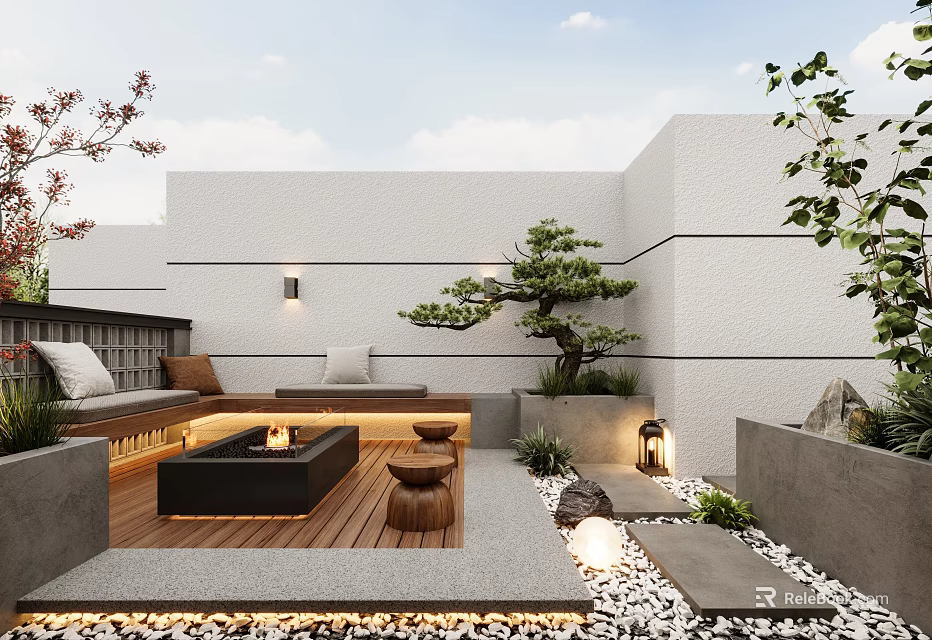 Modern Courtyard Garden Featuring Wooden Deck Fire Pit Stone Seating And Pine Tree Lights 3d model 