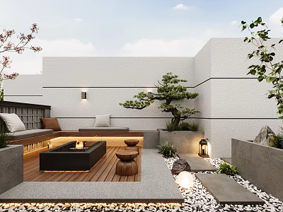 Modern Courtyard Garden Featuring Wooden Deck Fire Pit Stone Seating And Pine Tree Lights 3d model