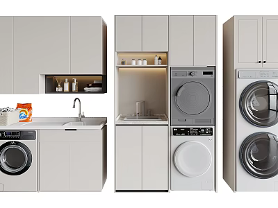 Modern White Bathroom Cabinetry With Sink Storage And Washing Machine Units 3d model