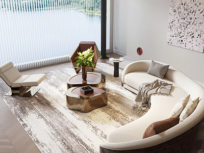 Modern Curved Sofa And Metal Coffee Table Set With Pillows Rug And Window View 3d model