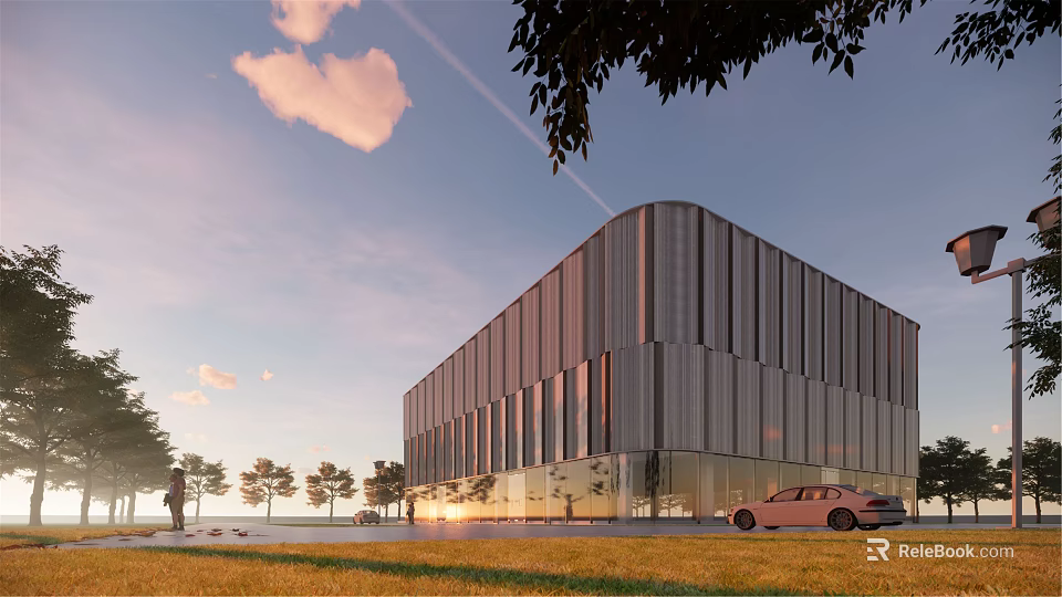 Modern Architectural Exterior With Metal Panel Facade Glass Curtain Wall Green Lawn And Trees 3d model 
