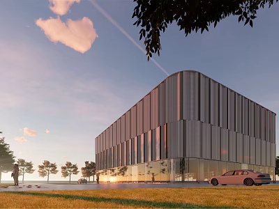 Modern Architectural Exterior With Metal Panel Facade Glass Curtain Wall Green Lawn And Trees 3d model