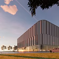 Modern Architectural Exterior With Metal Panel Facade Glass Curtain Wall Green Lawn And Trees