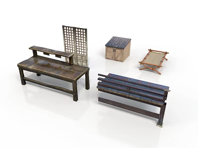 Vintage Wooden Furniture Collection With Bench Table Cabinet And Screen 3d model