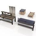 Vintage Wooden Furniture Collection With Bench Table Cabinet And Screen