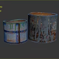 Household Paint Cans with Spilled Green Orange Paint and Colorful Labels on Reflective Surface