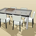 Modern Glass Top Dining Table Set With Six White Chairs And Wooden Tray