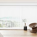 White Blinds Covering Window in Bright Interior with Wooden Floor Brown Chair and Plant Vase