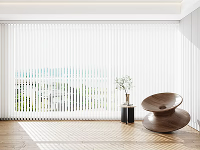 White Blinds Covering Window in Bright Interior with Wooden Floor Brown Chair and Plant Vase 3d model