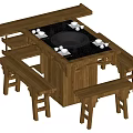 Wooden Dining Table Set With Black Stone Top Round Stove And Bench Seats