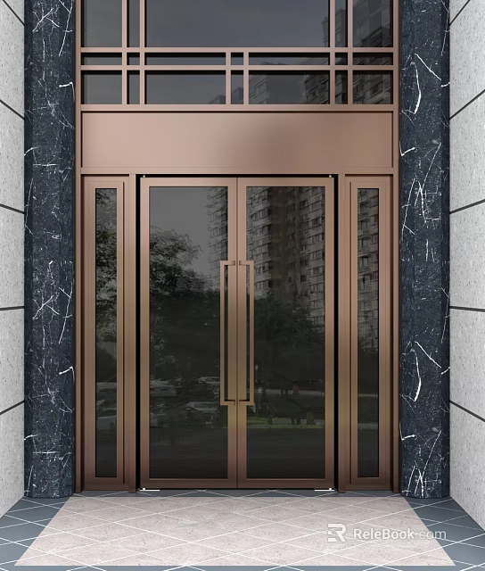 Modern Bronze Swing Door With Glass Panels And Marble Wall Surroundings 3d model 