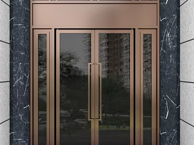 Modern Bronze Swing Door With Glass Panels And Marble Wall Surroundings 3d model