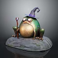 A Wizard Frog Wearing Pointed Hat Holding Magic Staff Sitting On Rock 3d model