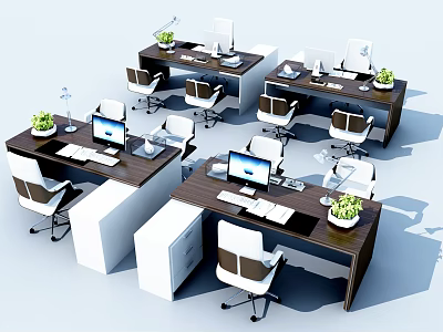 Modern Office Workstations Interior With Computers Ergonomic Chairs Potted Plants And Supplies 3d model