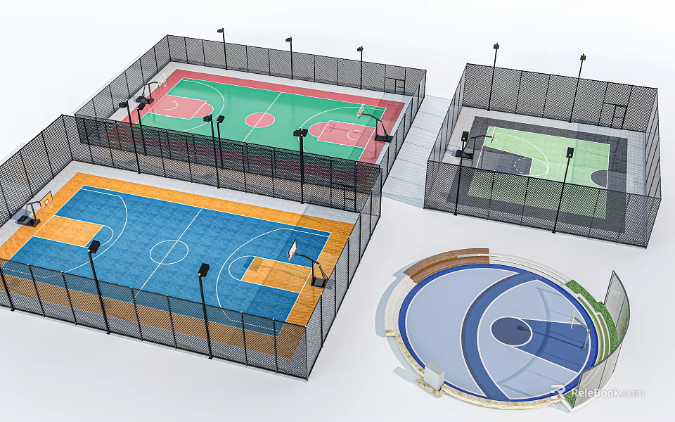 Modern Basketball Court Design With Multicolored Surfaces Fencing And Lighting Fixtures 3d model 