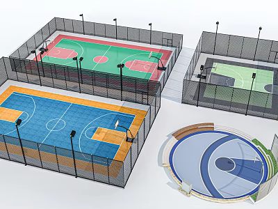 Modern Basketball Court Design With Multicolored Surfaces Fencing And Lighting Fixtures 3d model