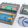 Modern Basketball Court Design With Multicolored Surfaces Fencing And Lighting Fixtures