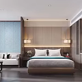 Modern Chinese Style Hotel Room Interior With Blue Wall Wooden Decor Sofa And Large Bed
