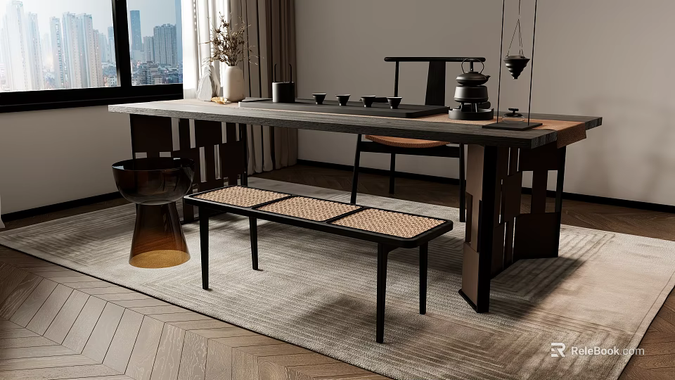 Modern Tea Table And Chairs Interior With Teapot Cups Rattan Bench And City View 3d model 