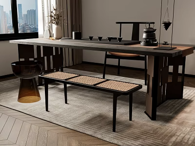 Modern Tea Table And Chairs Interior With Teapot Cups Rattan Bench And City View 3d model