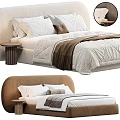 Double Bed with Upholstered Headboard White Pillows Brown Cushion Light Colored Quilt and Bedside Table