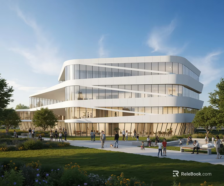 Modern Cultural Center Building With Sleek Glass Facade Surrounded By Green Lawn And Trees 3d model 