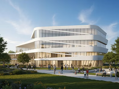 Modern Cultural Center Building With Sleek Glass Facade Surrounded By Green Lawn And Trees 3d model