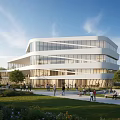 Modern Cultural Center Building With Sleek Glass Facade Surrounded By Green Lawn And Trees
