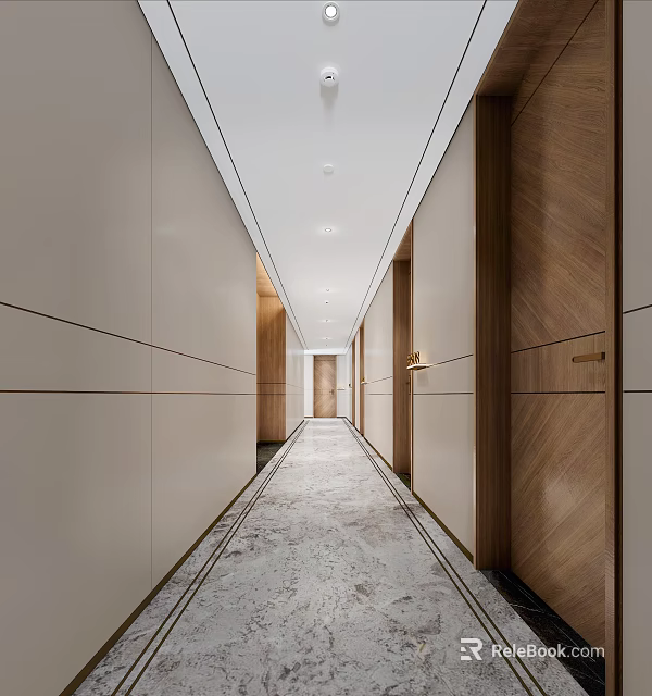 Modern Hotel Corridor With Light Colored Walls Wood Grain Doors And Marble Flooring 3d model 