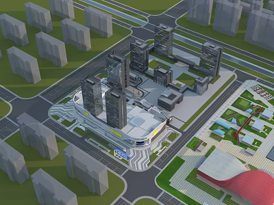 Aerial View Of Modern City Planning With High Rise Buildings And Central Plaza 3d model