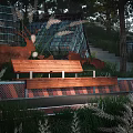 Wooden Landscape Bench With Deer Sculptures Pampas Grass Steps And Glass Structure In Garden