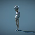 Silver Alien With Large Head Big Black Eyes Hands On Abdomen And Light Blue Background