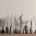 Various Shaped Vases With Dried Branches On Wooden Table White Wall 3d model