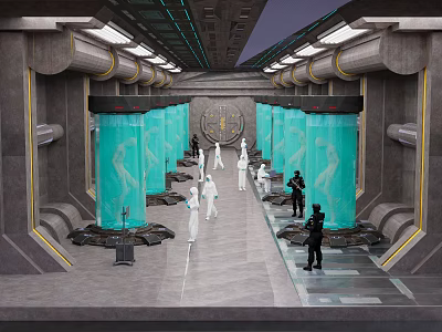 Cartoon Sci-Fi Laboratory Scene With Blue Cylinders Humanoid Figures And Uniformed Characters 3d model