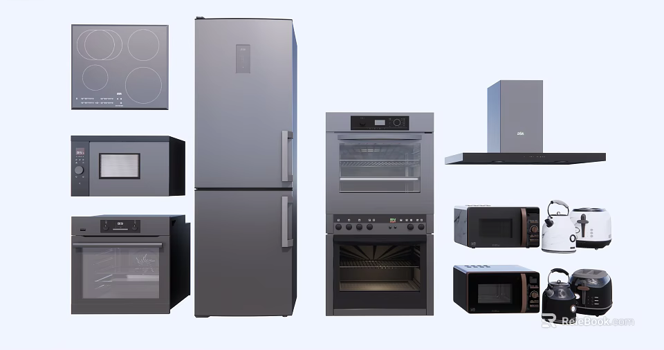 Modern Kitchen Appliances Including Refrigerator Oven Microwave Cooktop And Range Hood 3d model 