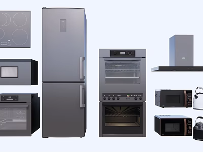 Modern Kitchen Appliances Including Refrigerator Oven Microwave Cooktop And Range Hood 3d model