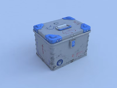 Grey Metal Box With Blue Protective Corners Silver Handle Surface Stickers And Marks 3d model