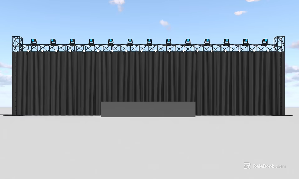 Musical Instruments and Art Supplies Display on Gray Platform with Black Curtain and Lighting Equipment 3d model 