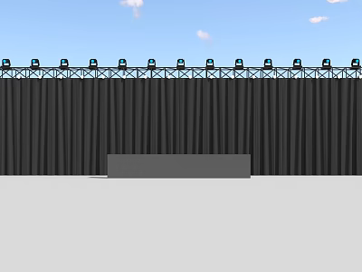 Musical Instruments and Art Supplies Display on Gray Platform with Black Curtain and Lighting Equipment 3d model