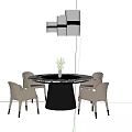 Round Dining Table Set With Black Base Four Beige Chairs And Modern Hanging Light 3d model
